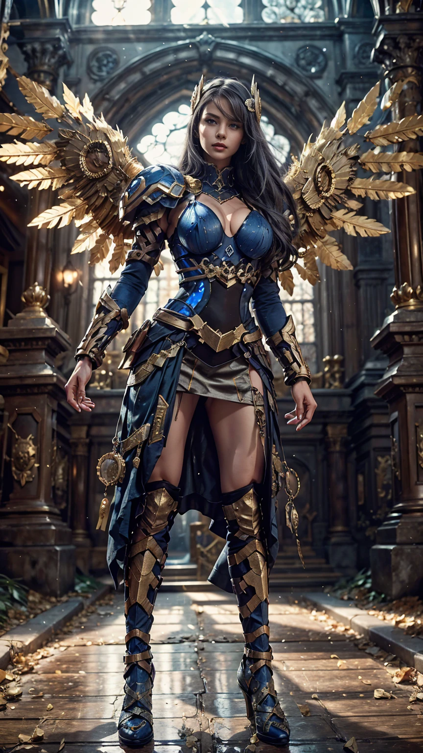 Lenneth from 'Valkyrie profile', BREAK: bright_gold_trimmed_sapphire_blue_plate mech4rmor, (boob window in armor), thigh cutout, long skirt, BREAK: standing, contrapposto stance, light smile, castle ruins, fluffy snow falls, BREAK: intricately detailed eyes, detailed face, detailed hands, cinematic lighting, moody atmosphere, (16k, absurdres, masterpiece, best quality), wings