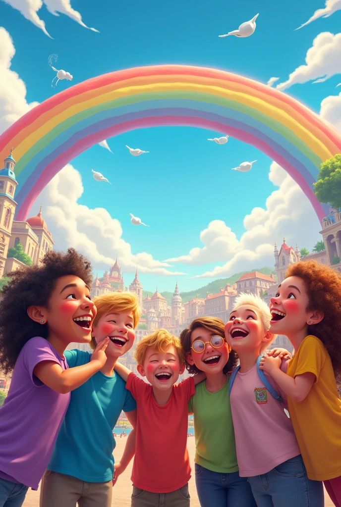 A Bright Smile A final scene with all the characters happy, in a big rainbow in the sky, with bright smiles. No fundo, the city of Sorrisolandia is full of smiles and joy, symbolizing the importance of brushing your teeth and saving water.
