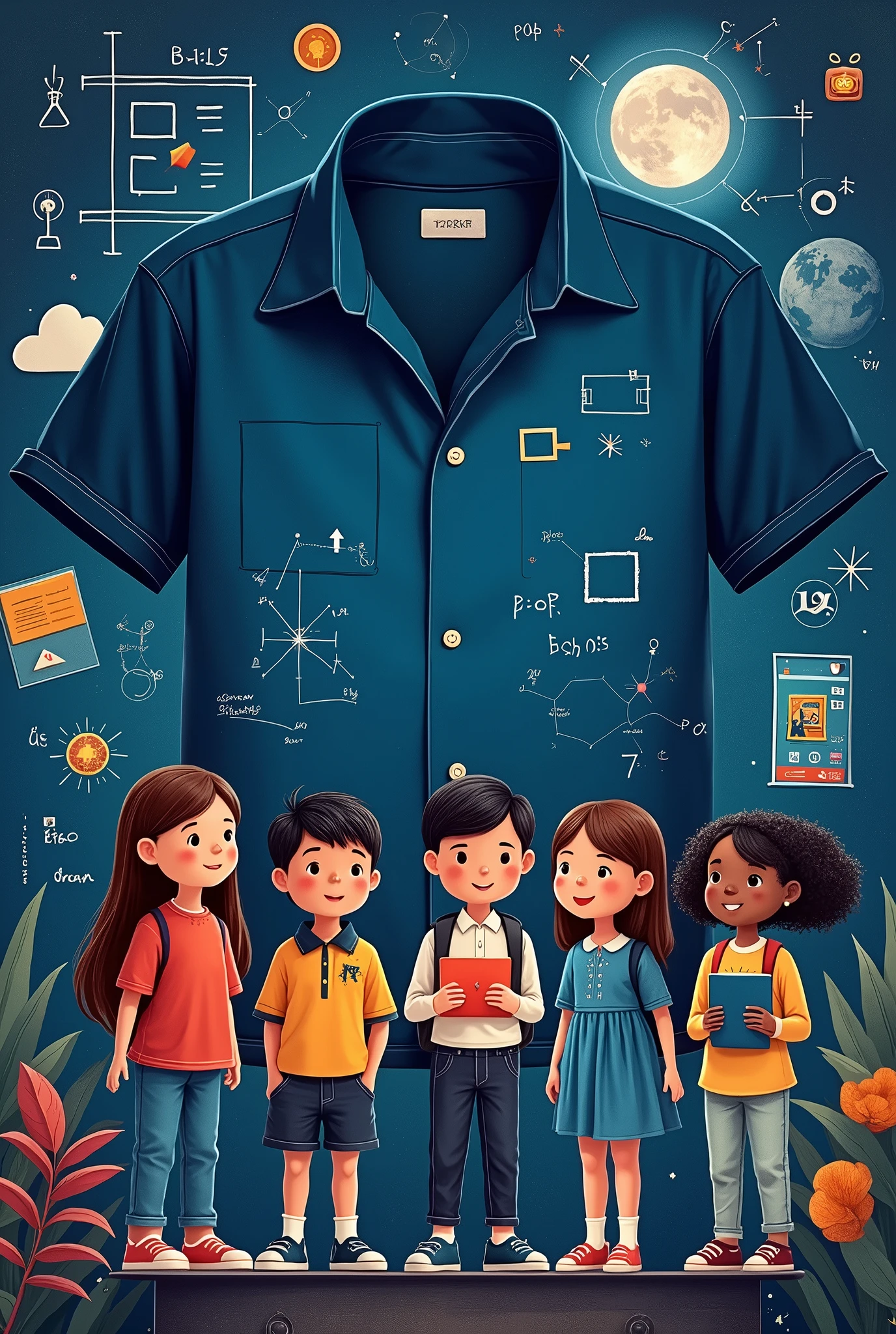 A dark blue shirt with a pedagogy theme, education and technology and with more children's details on the topic