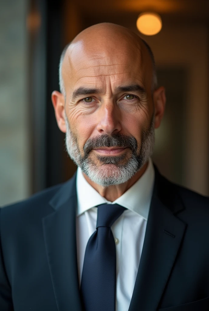 a bald man with a beard wearing a suit, formal portrait, detailed face, shallow depth of field, warm lighting, professional headshot, linkedin profile, corporate business, high quality, photorealistic, cinematic lighting, studio lighting, sharp focus, ultra-detailed