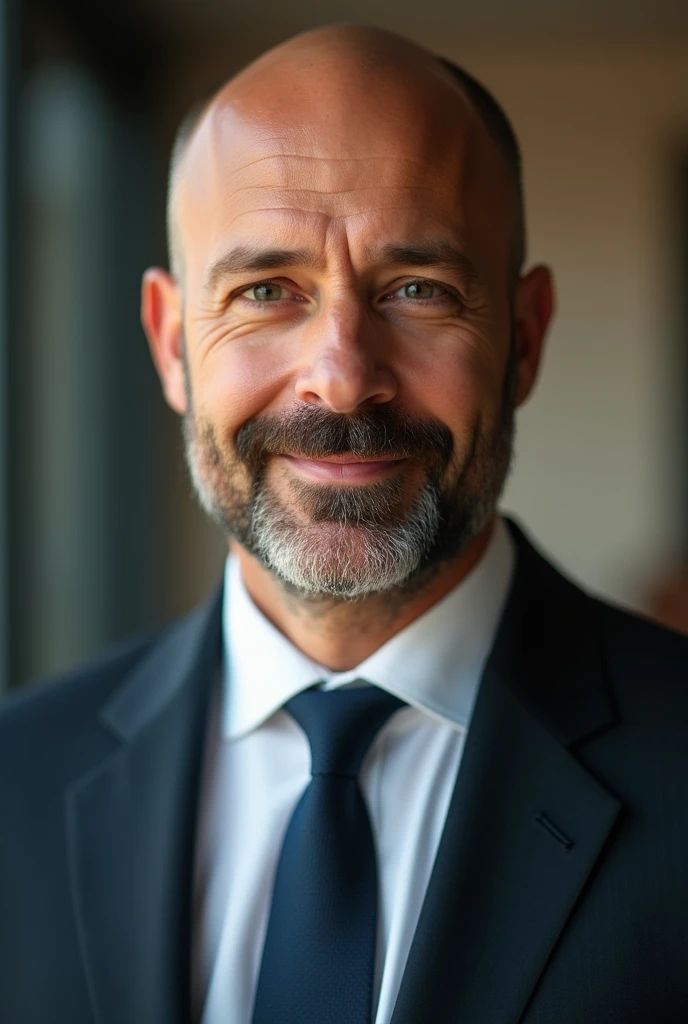 a bald man with a beard wearing a suit, formal portrait, detailed face, shallow depth of field, warm lighting, professional headshot, linkedin profile, corporate business, high quality, photorealistic, cinematic lighting, studio lighting, sharp focus, ultra-detailed