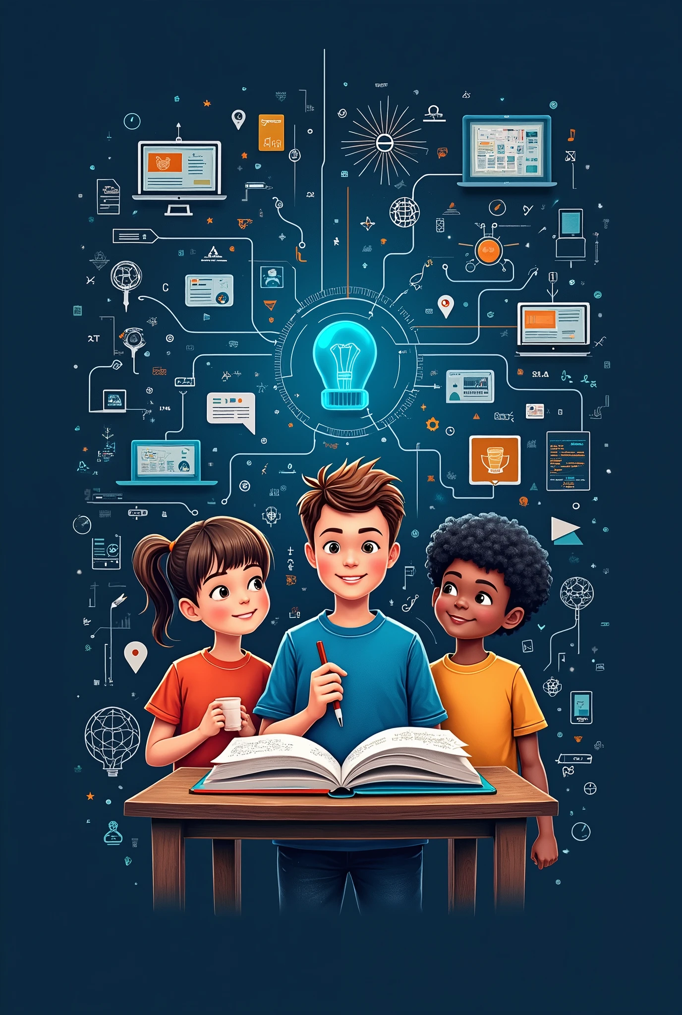 A dark blue shirt with a pedagogy theme, education and technology and with more children&#39;s details on the topic 