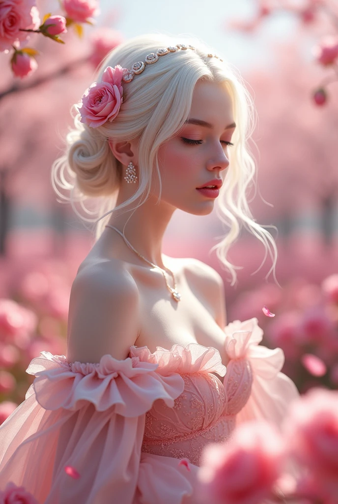 Draw a beautiful sexy albino white sakura , playing in pink rose garden, wearing a tunic, sexy, perfect tits, perfect face, wearing beautiful princess like outfit, background is full of pink trees, realestic face , realestic body