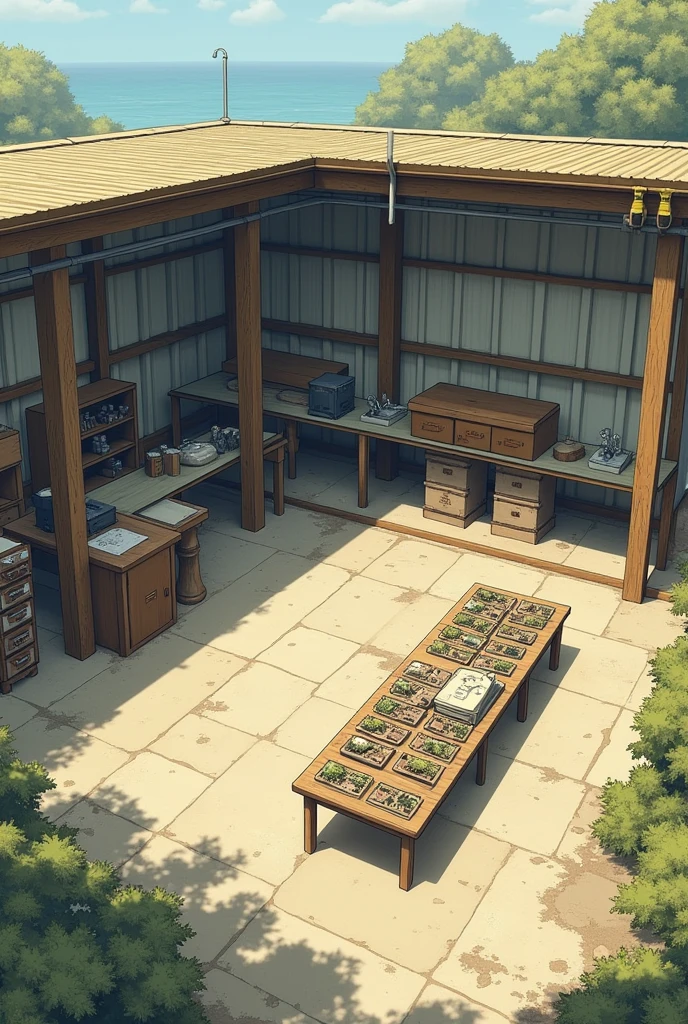 a cemented area, exposed, with wooden columns in the corners, partially covered by a roof up to half, with a square central table, and various shelves and boxes on the sides. In the roofless area, a long table on which trays full of biological samples are arranged.