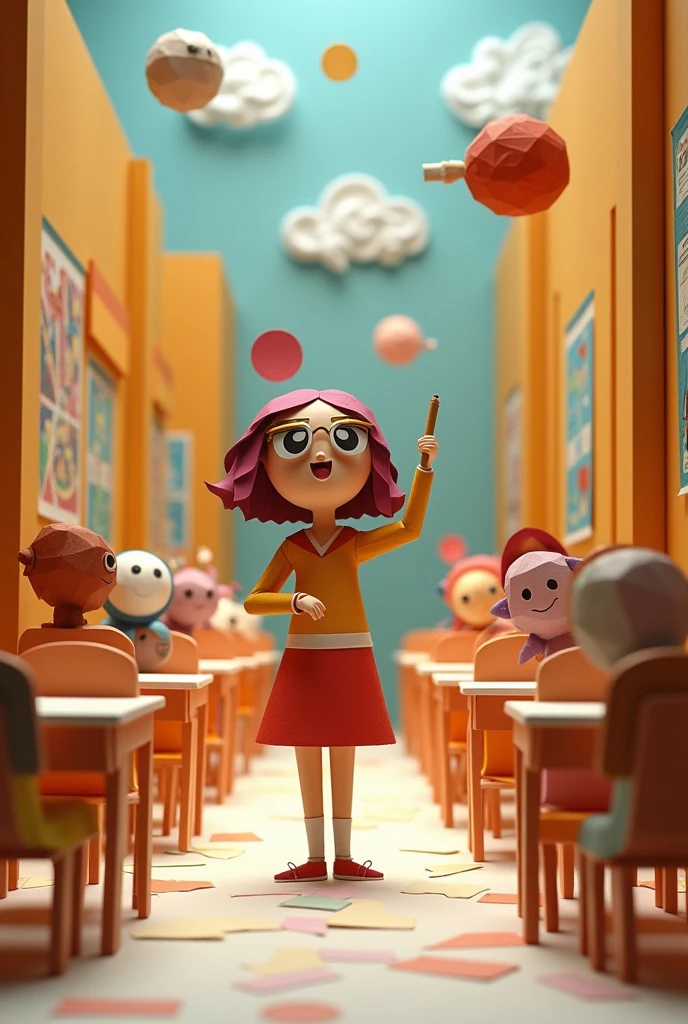 Miss Circle, a math teacher who has a compass instead of an arm, she and her students and the school are made of paper.