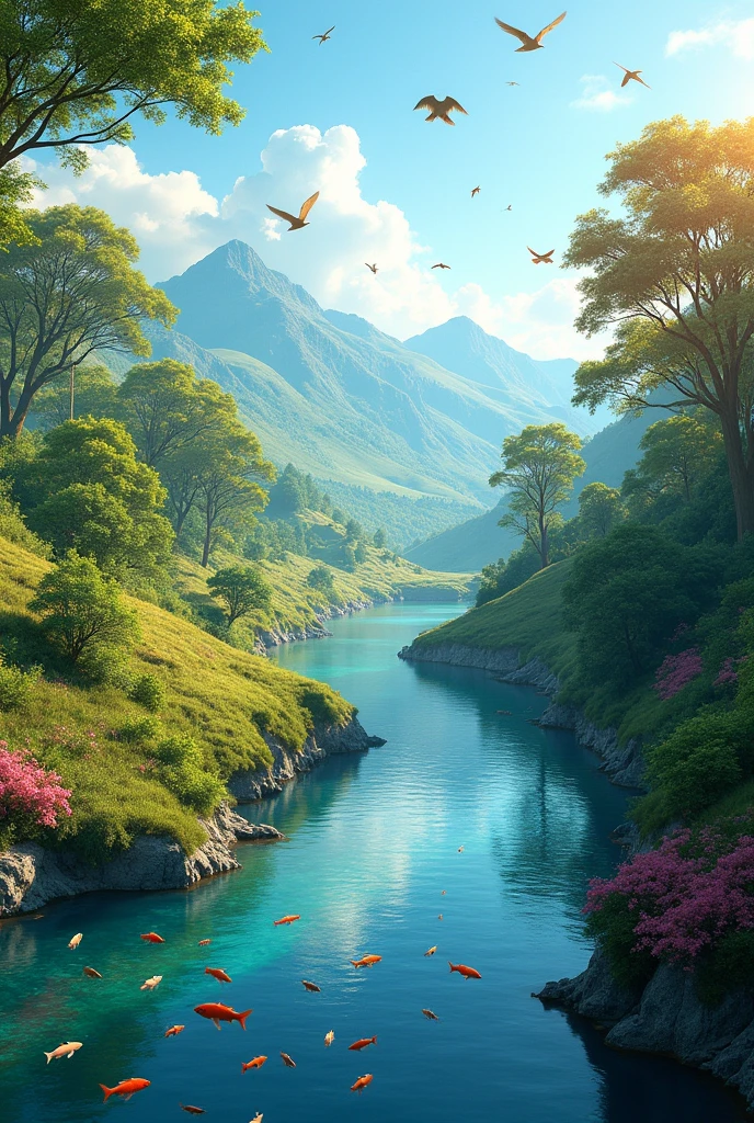 A beautiful day.make it more realistic.I am not asking you anime make it more real.more
Make it super realistic.where did the river disappear.wow thats really good but make the river a bit bigger.No you didn't have to change that picture you should just make the water faster and add some fishes.remove the fishes and add some realistic ones.no the fishes look like fake improve that and also add some kind of birds