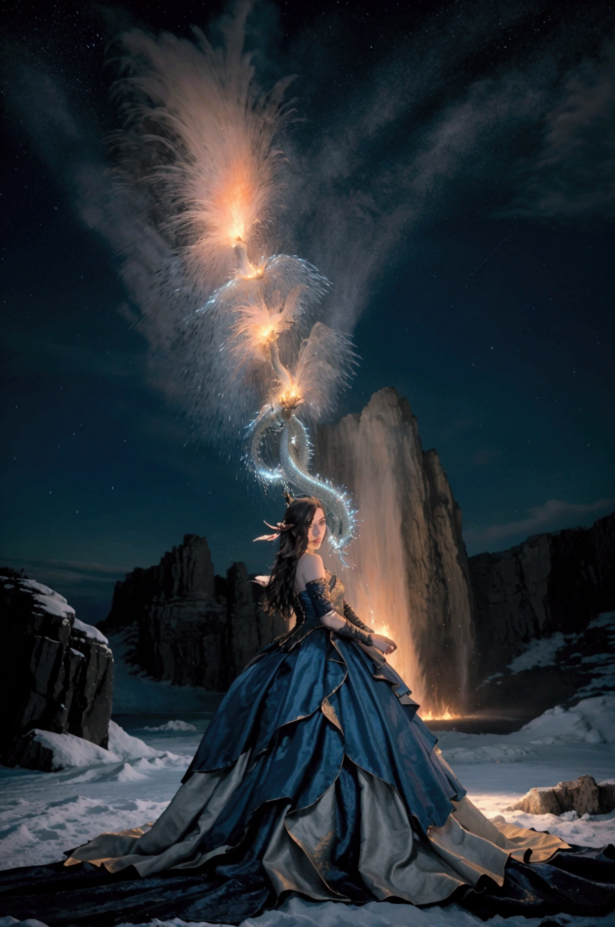 Une belle nuit étoilé avec une jolie cascade , des rochers , des animaux , un jolie lac , une dragon crachant du feu dans le ciel au dessus de la cascade , une jolie femme provocante