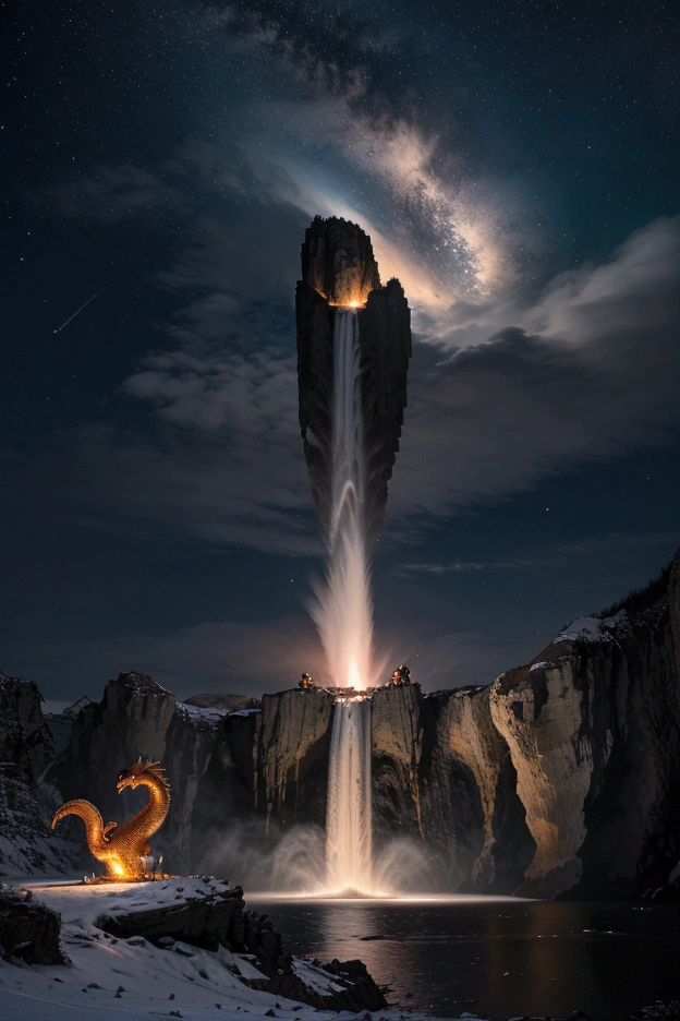 Une belle nuit étoilé avec une jolie cascade , des rochers , des animaux , un jolie lac , une dragon crachant du feu dans le ciel au dessus de la cascade , une jolie femme provocante