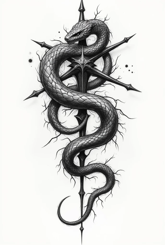 A snake tattoo, behind the Snake is the symbol of Chaos,the snake mostly coils around a big symbol of chaos, in two-dimensional and sketchy style, the Chao's symbol is behind the Snake 