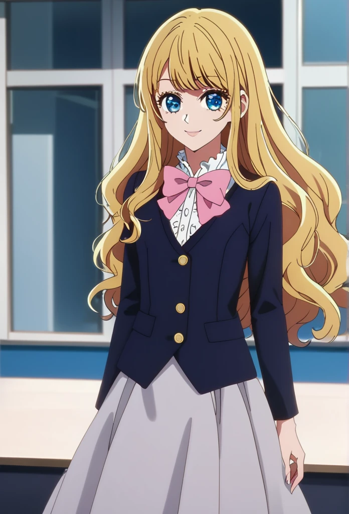 oshi_no_ko_style,blonde,sidecurls,fringe bangs,blue eyes,long eyelashes,cowboyshot,standing,soft smile,long hair,masterpiece,highres,absurdres,ojou curls,(BOW, SCHOOL UNIFORM, JACKET, BOWTIE, BIG RUFFLED PINK BOW, GREY SKIRT,  BLUE WAIST JACKET, OPEN JACKET, SHIRT, GREY SKIRT, WHITE SHIRT, LONG SLEEVES,solo, ruffled bow, extremely detailed,a-line skirt,knee length skirt,detailed eyes,black vest underneath jacket)