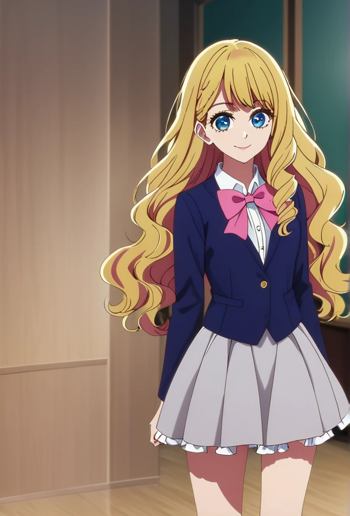 oshi_no_ko_style,blonde,sidecurls,fringe bangs,blue eyes,long eyelashes,cowboyshot,standing,soft smile,long hair,masterpiece,highres,absurdres,ojou curls,(BOW, SCHOOL UNIFORM, JACKET, BOWTIE, BIG RUFFLED PINK BOW, GREY SKIRT,  BLUE WAIST JACKET, OPEN JACKET, SHIRT, GREY SKIRT, WHITE SHIRT, LONG SLEEVES,solo, ruffled bow, extremely detailed,a-line skirt,knee length skirt,detailed eyes,black vest underneath jacket)