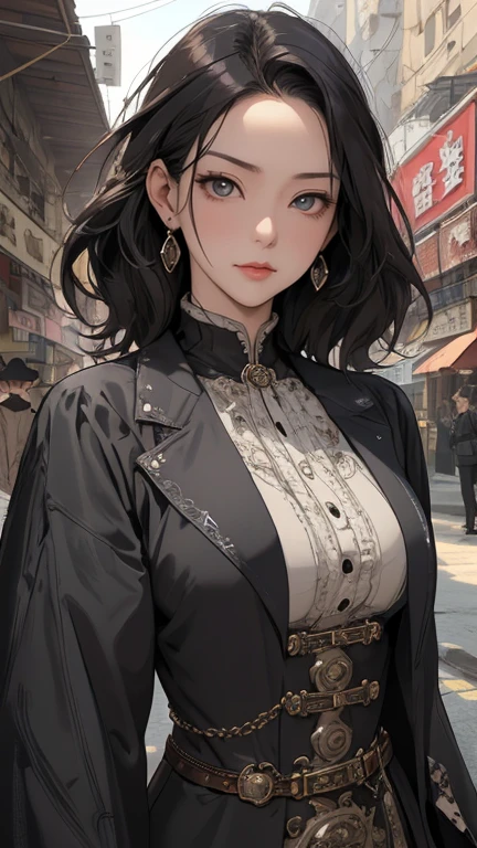 (masterpiece:1.3), (Confused:1.3), (Highest quality:1.3),(Perfect Anatomy),(Detailed face),steampunk, Victorian era,Hongkong,Kowloon,Horizontal Angle,hand,((View your viewers)), (Very detailed:1.3),(Best Shadow:0.7), alone,One middle-aged woman in her 50s,Demon slayer,exorcist,(Processed hair), 髪をbehind引っ張る,Beautiful Eyes, Beautiful Eyes, One mature woman,alone, Are standing, Crystal Earrings,Closed_mouth, arm_behind_return,Outdoor rest, intimidating pose,Cowboy Shot
