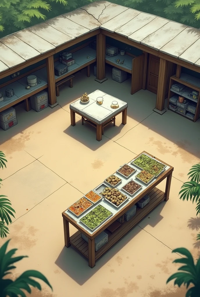 a cemented area, exposed, with wooden columns in the corners, partially covered by a roof up to half, with a square central table, and various shelves and boxes on the sides. In the roofless area, a long table on which trays full of biological samples are arranged.