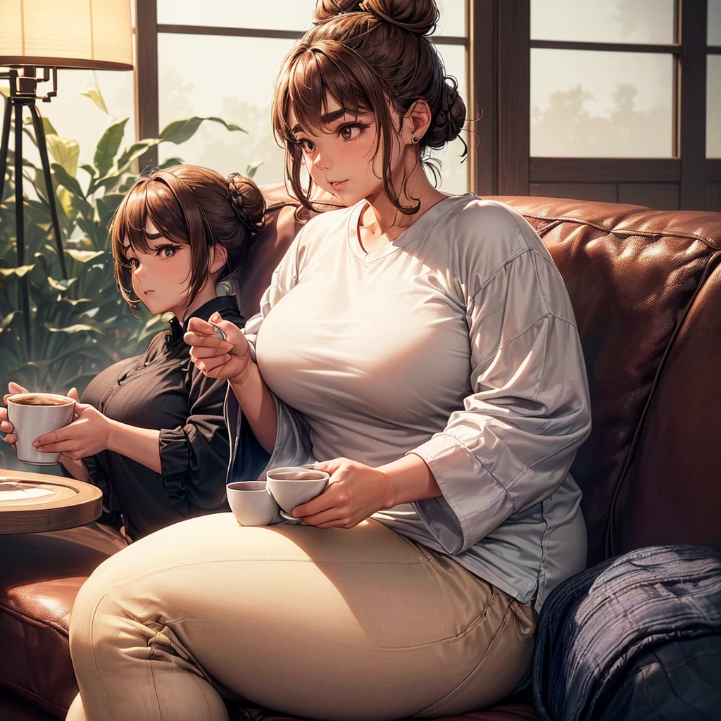 ((A 55-year-old woman is alone on the couch with wavy light brown hair tied in a bun, her body is chubby this same woman has slightly thick eyebrows with a slightly chubby tip of the nose, her skin tone is dark and this same woman wears a casual outfit consisting of a white long-sleeved shirt and black pants, this woman is sitting on the couch while holding a cup of coffee.)) (((Front view photo.))) ((The background environment is a Japanese living room and daytime lighting.)) ((((highly detailed skin)))) (((8k, sharp focus)))