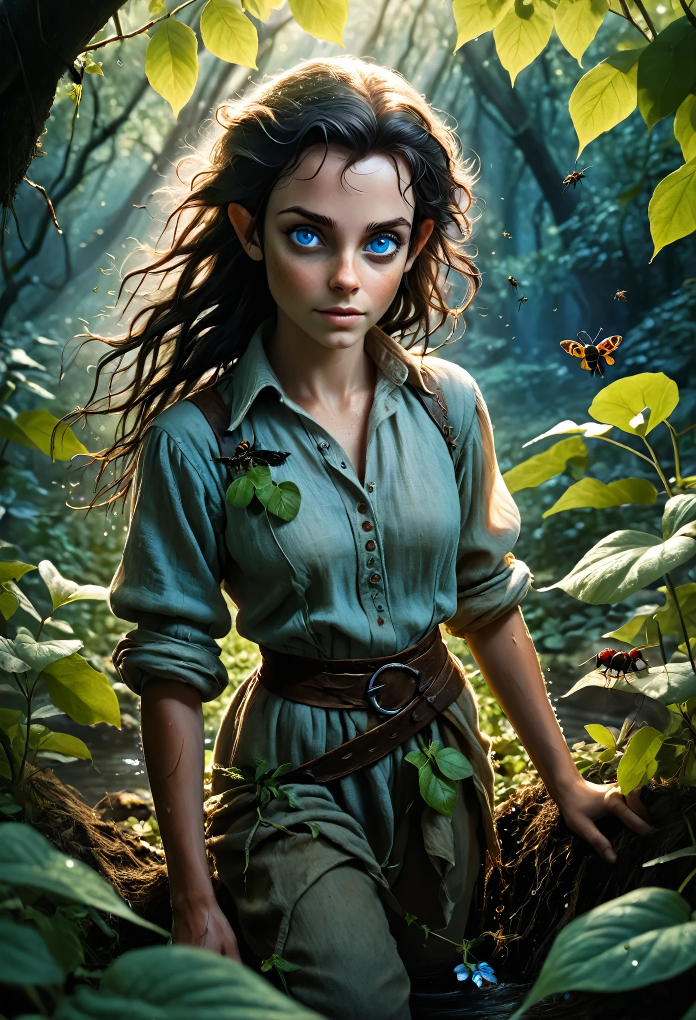 (Realystic:1.4), analog photo style, depths of field, (dark-haired Lightfoot Halfling with blue eyes, wearing a linen shirt), (small leaves and insects got tangled in wet hair), wide waist, (her full body is a visual pleasure), view from above, extremely sexy, dark fantasy atmosphere, deep shadows with the some sun rays, a delicate balance between reality and fantastic, faded colours, great quality, Masterpiece, blurred gloomy background, naturally cinematic light, 16k quality, kodak porta 400, bokeh.