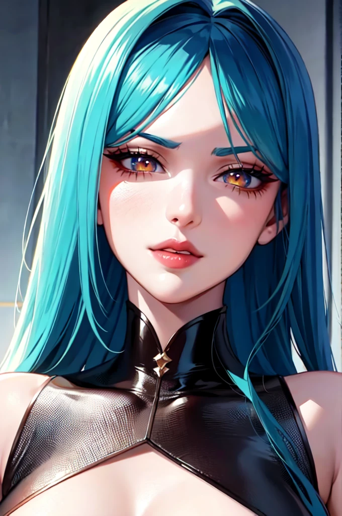 full body, pov (masterpiece), best quality, highly detailed faces, (SHARP details), 4k, highly detailed, expressive eyes, SHARP detail expressive eyes, (SHARP detail perfect face), teal blue hair, (shiny lipstick) (orange eyes), long hair, detailed face, medium breasts, long eyelashes, mature, (smirk, closed lips, big plump lips, eyeshadow) shiny skin, beautiful eyes,(detailed eyes, sharp eyes, clear pupils:0.8), wispy bangs, naughty look, mature