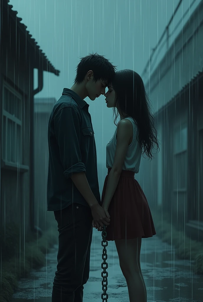 dark couple, rain, anime, chain, digital art, sad mood, best quality