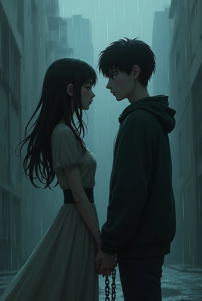dark couple, rain, anime, chain, digital art, sad mood, best quality