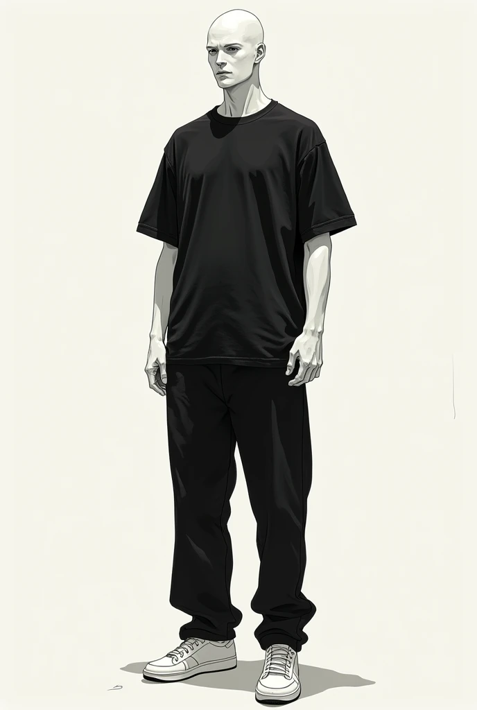 Draw a tall man of 1, 96 Caucasian albino, thin but marked, with black shirt and pants and white sneakers with Yusuke Murata&#39;s drawing style