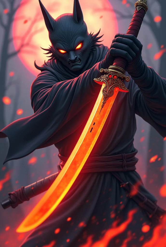 A katana from jujutsu kaisen ebing a special cursed tool based on foxes more orange and more anime style