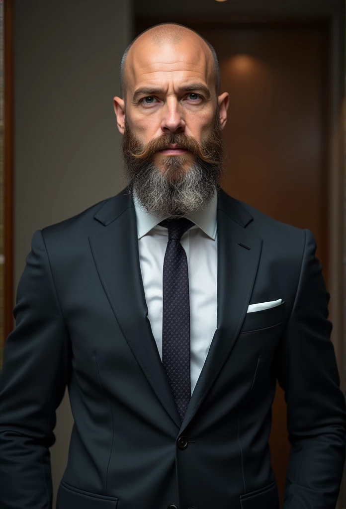 Beautiful man in suit , Beautiful beard , bald head, Executive sexy man, suit, fondo de Office, Office, elegant, Detailed face, Office elegant,