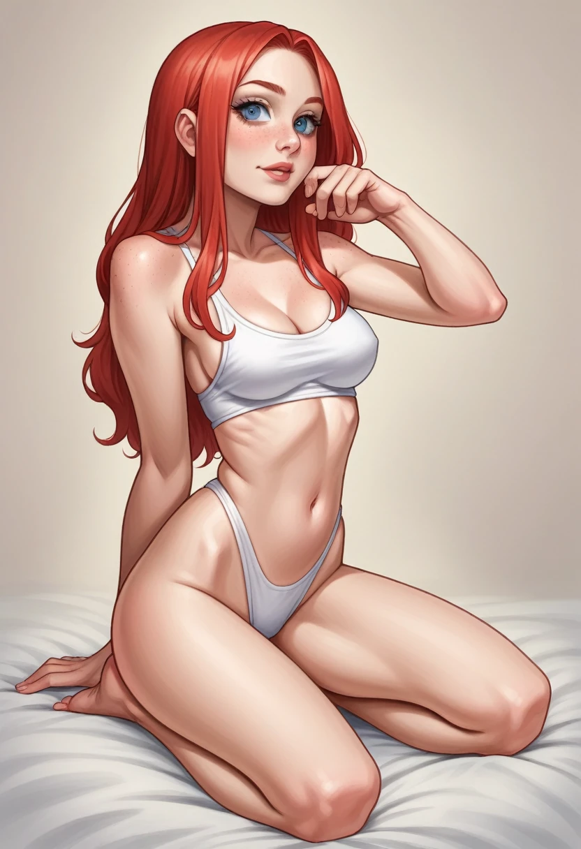 1 Girl, 2, (bright red hair: 1.3), shoulder length hair, freckles, blue eyes, photo (photorealism: 1.4), realistic anatomy, medium breasts, naked, doing blowjob, red hair, standing kneeling on a white surface, in a white swimsuit, red-haired goddess, red head, very sexy pose, she is a redhead, red-haired woman, cute young red-haired girl, young beautiful amouranth, relaxed pose