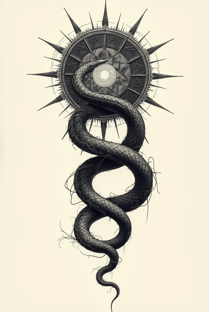 A snake tattoo, behind the Snake is the symbol of Chaos,the snake mostly coils around a big symbol of chaos, in two-dimensional and sketchy style, the Chao's symbol is behind the Snake, the snake is apep the aspect of Chao's
