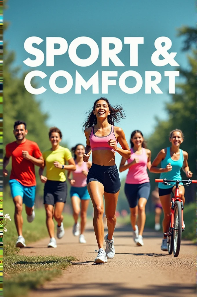 Create a vibrant image for an ad for a clothing store specializing in sports and comfort. The scene should show a diverse group of people, including men and women, wearing modern and comfortable sportswear in an outdoor environment, like a park or trail, while practicing different physical activities, like running, yoga and cycling. Clothes should be colorful and stylish, highlighting the flexibility and comfort of the fabrics. No fundo, there must be a slight reference to nature, with trees and clear sky. Add store name 'Sport & Comfort' in stylized text at the top of the image