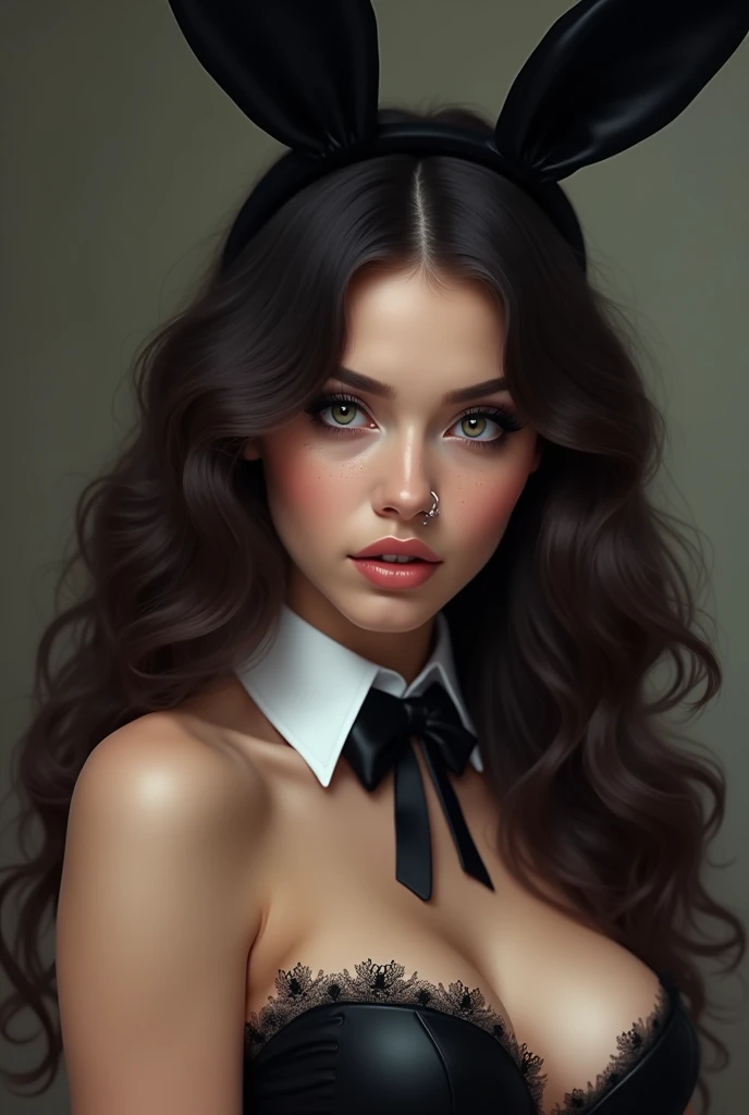 Create an image of a young woman with a soft and playful expression. She has long, wavy dark brown hair that cascades over her shoulders. Her skin is fair, with a few faint freckles across her cheeks and nose. She has dark, dramatic eye makeup with thick eyeliner and elongated lashes, giving her a striking look. Her lips are slightly parted, with her teeth gently biting her lower lip in a coy manner. She has a septum piercing that adds to her edgy yet charming style. The woman is dressed in a black bunny costume, featuring large, black bunny ears on her head, a white collar with a black bow tie around her neck, and a low-cut, strapless outfit. Her overall vibe is a mix of cute and seductive, with a playful yet mysterious aura.