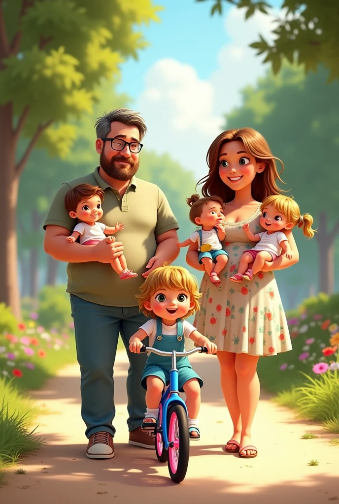 Image type dessin animé pixar d'un couple avec 3 enfants au parc. Caucasiens : le papa 35 ans yeux marrons, lunettes, cheveux poivre et sel, barbe châtain, un peu de ventre mais pas gros. Il est habillé en chino polo baskets. La maman a 35 ans, c'est une femme très ronde aux cheveux châtain clair presque blonds, yeux bleus avec des lunettes, habillée en robe fleuri sandales. La première enfant est une de 4 ans sur son vélo bleu ciel avec des pneus roses, cheveux long blonds aux yeux marrons. Les deux autres enfant sont des jumelles de 10 mois, une dans les bras de maman : elle a les cheveux blonds châtain aux yeux bleus ressemblant plus à sa maman. l'autre est dans les bras de papa, cheveux blonds châtain aux yeux marrons avec une fossette à la joue gauche et ressemblant plus à papa.