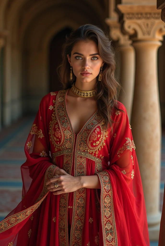 Gorgeous woman, Arabic dress , Blue eyes, posing