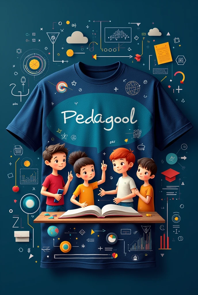 A dark blue shirt with a pedagogy theme, education and technology and with more children's details on the topic