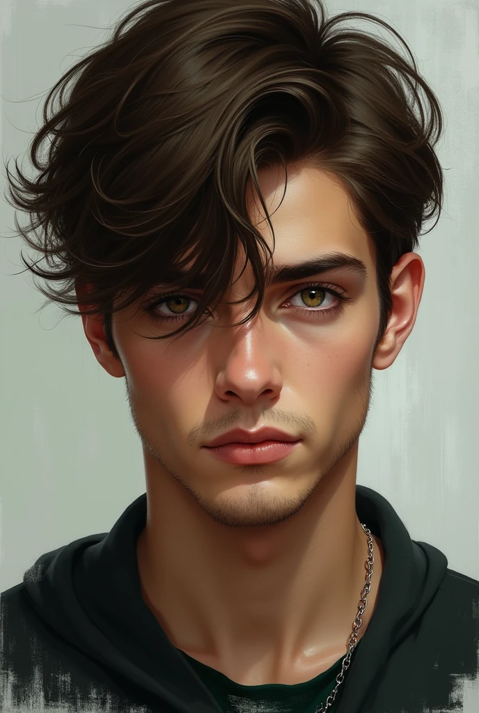 Male, brown short hair, messy bangs covering his left eye, blue and brown eyes,