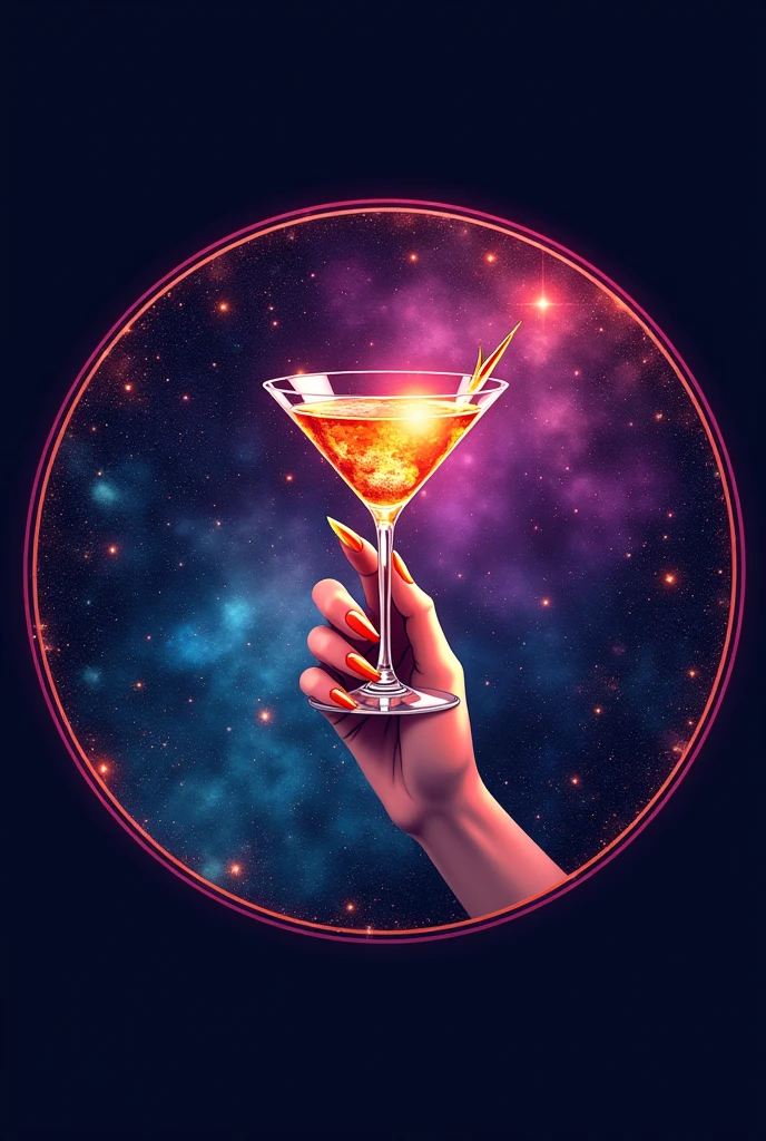Create a logo for a cocktail shop in a circular format where you can see a glass and the hand of a woman holding it., that they are extravagant colors similar to those of the universe