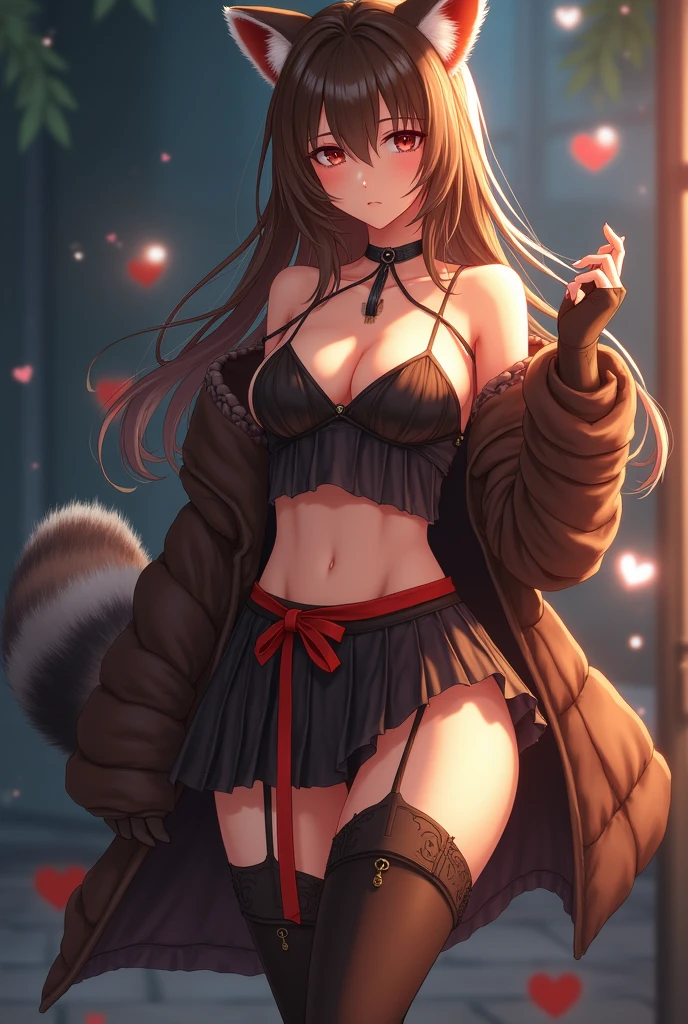 nipples, raccoon ears, raccoon girl, animal ears, long hair, brown hair, raccoon tail, tail, gloves, brown gloves, belt, thigh boots, thighhighs,  zettai ryouiki, red ribbon, masterpiece, best quality, solo, cinematic lighting, looking at viewer, full body