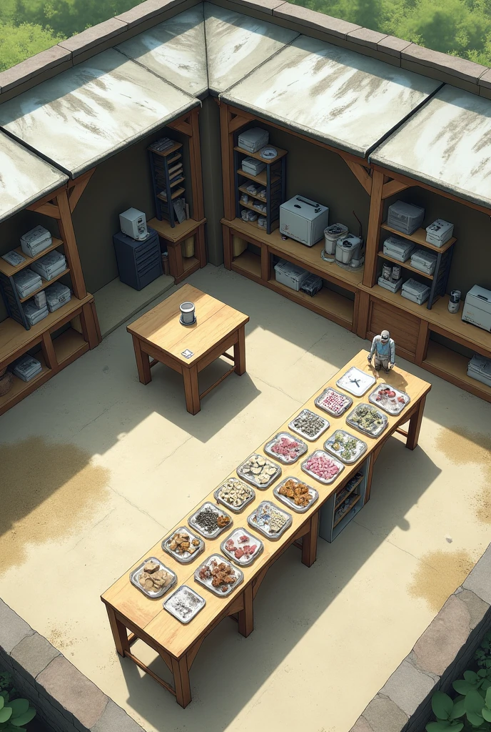 a cemented area, exposed, with wooden columns in the corners, partially covered by a roof up to half, with a square central table, and various shelves and boxes on the sides. In the roofless area, a long table on which trays full of biological samples are arranged.
