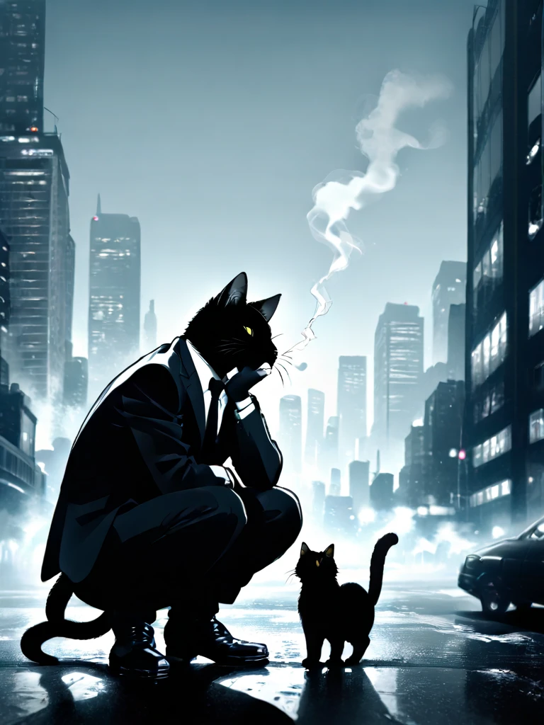 anime art, solo, 1boy, animal ears, jacket, tail, monochrome, male focus, outdoors, necktie, pants, black jacket, no humans, animal, formal, squatting, cat, suit, building, furry, smoke, cigarette, city, smoking, cityscape, black cat, skyscraper, black suit, clothed animal