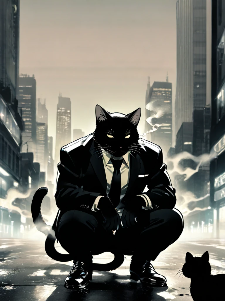 anime art, solo, 1boy, animal ears, jacket, tail, monochrome, male focus, outdoors, necktie, pants, black jacket, no humans, animal, formal, squatting, cat, suit, building, furry, smoke, cigarette, city, smoking, cityscape, black cat, skyscraper, black suit, clothed animal