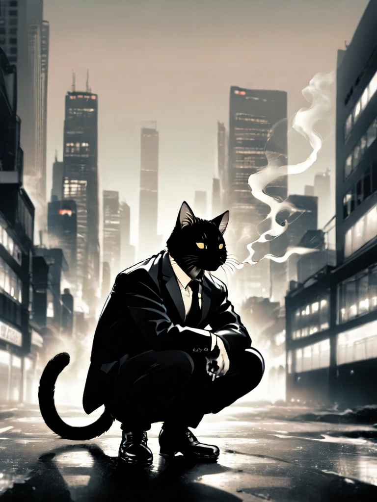 anime art, solo, 1boy, animal ears, jacket, tail, monochrome, male focus, outdoors, necktie, pants, black jacket, no humans, animal, formal, squatting, cat, suit, building, furry, smoke, cigarette, city, smoking, cityscape, black cat, skyscraper, black suit, clothed animal