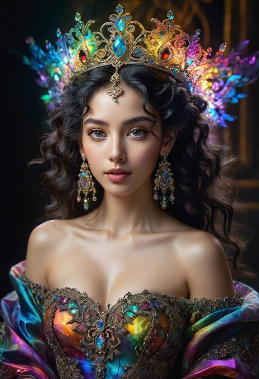 (masterpiece, highest quality, best quality, official art, beautiful and aesthetic), (glowing skin, perfect body), bright eyes, full mouth, long curly black hair, tied on one side of the head, incident light style Rembrandt, tiara and earrings, extremely detailed body design, studio, (off-the-shoulder dress, iridescent fractal art), (Colorful), as detailed as possible, (messy), full body, (lit abstract background), (Glowing skin ), (multicolored), (earrings).8k.