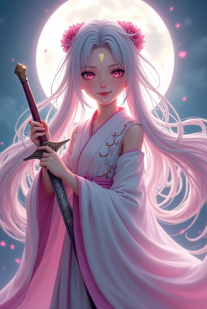 Most beautiful 12 Yo xianxia female protagonist,silver long hair and magenta eyes,soft smile like autumn,use majestic garmen with pink fillamen,silver pattern garment,held sword ,sword goddess,sword user,sword detailed,majestic aura,moon background,ace detailed,lips detailed,thin red lips,golden rune scratch at fore head,forehead detailed,better quality, masterpiece,24K ultra hd,super beautiful detail,goddess featuring