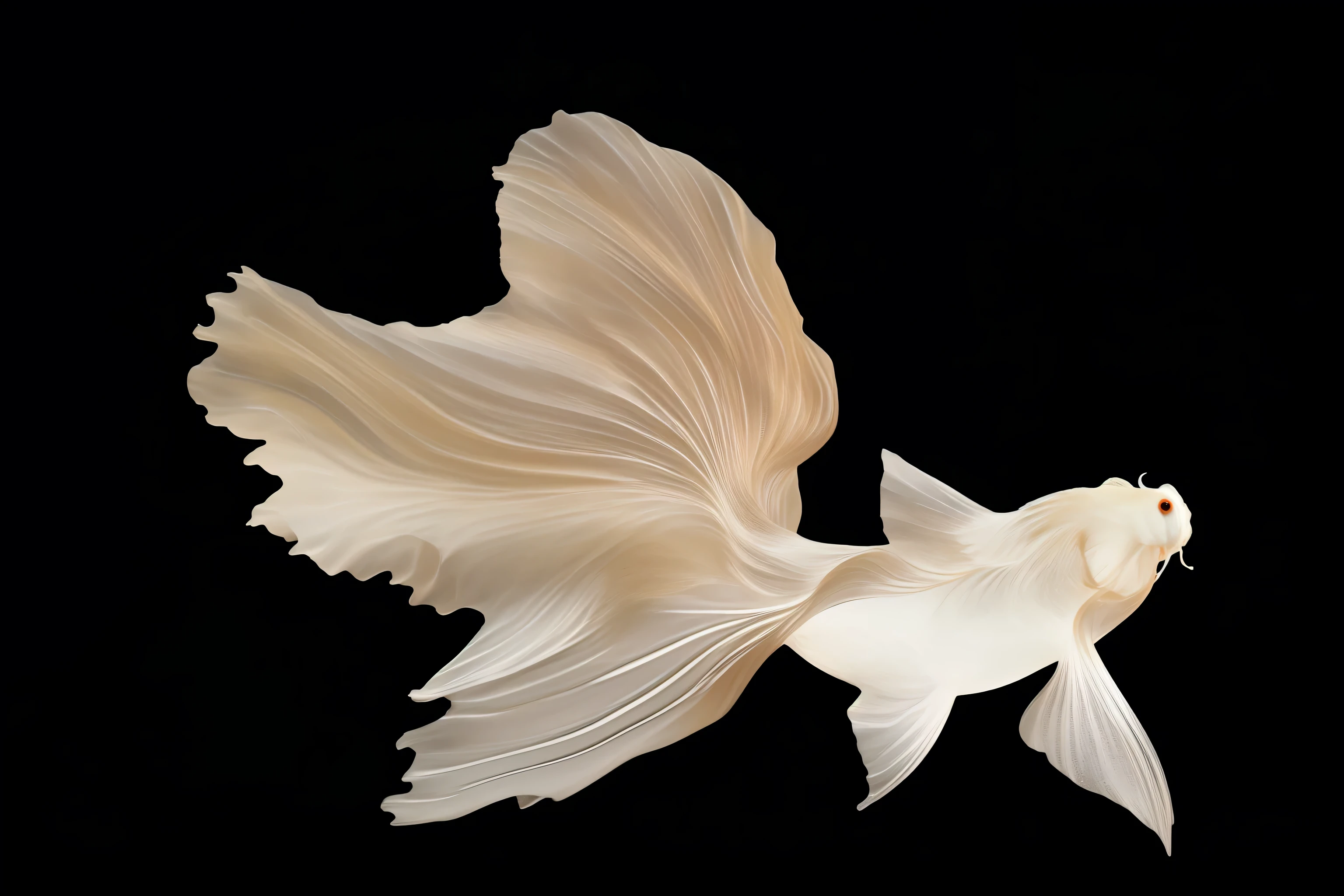 there is a white fish with a long tail swimming in the water, albino mystic, long flowing fins, betta fish, albino, albino dwarf, golden fish in water exoskeleton, goldfish, ornate and flowing, swirling silver fish, prize winning color photo, digital art of an elegant, floating goldfish, takato yomamoto. 4 k, ultrafine detail ”