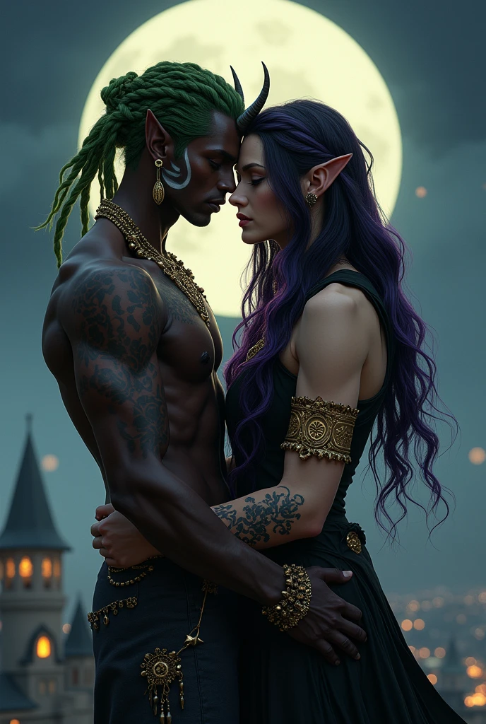 A moon centered over a kingdom with two men kissing in the background, um naughty man é negro com marcas de vitiligo no rosto e tem cabelo verde trançado com uma orelha de elfo, tem brincos e chifre e o outro naughty man tem cabelo grande preto com tons roxos, with a sleeveless black outfit and a star design on the hip (naughty man) os dois são homens naughty man