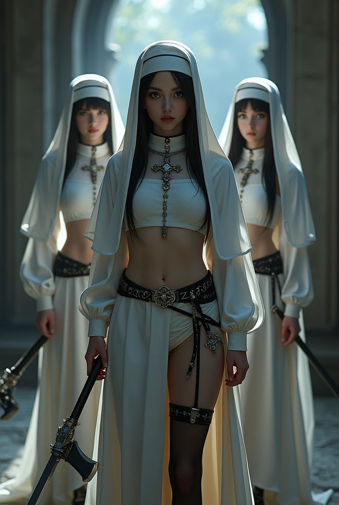Dynamic shot, ((3 females)), A picture of 2 beautiful succubus dominating 1 sexy nun on a leash, ((2 demon females and a nun)), female domination, exposed, nun, demons, beautiful succubuses, horror, dark, sexy, rough domination, domination, nun on a leash, bdsm, golden chains,(golden leash), collar, beautiful bodies, slim, horror style, highly detailed faces, horns, horny, scared, obedient, stockings, (silk lingerie, stockings), leather tight boots, camera angle from below, looking down, sharp camera angle , closeup, blue background, highres,sharp focus,(ultra detailed,extremely detailed),(photorealistic artwork:1.37),(extremely detailed CG unity 8k wallpaper),(((vibrant colors, vibrant theme))),(intricate),(masterpiece),(best quality),(intricate background),photo realistic,analog style,((intricate detail)),(((realism))),