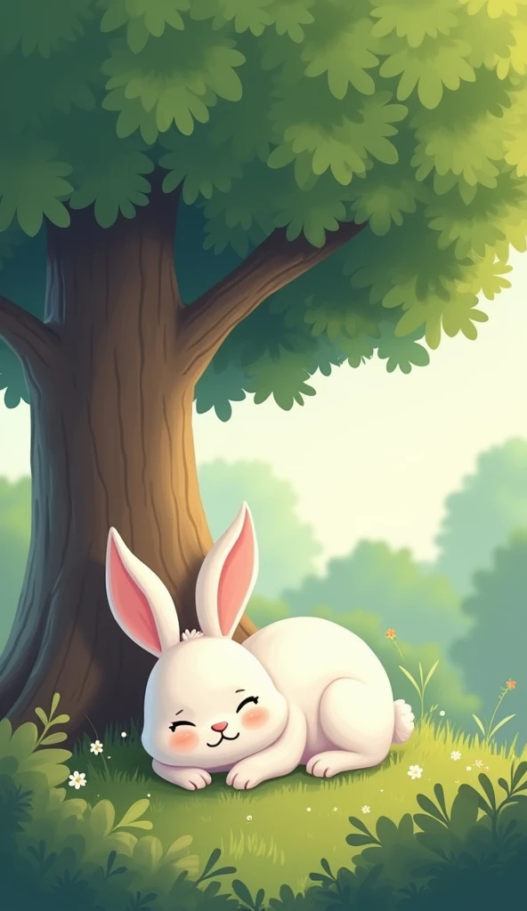 The rabbit is lying comfortably under a large, shady tree, with a serene expression on his face, while the forest around him is peaceful and still.
The rabbit is white.
Show as cartoons