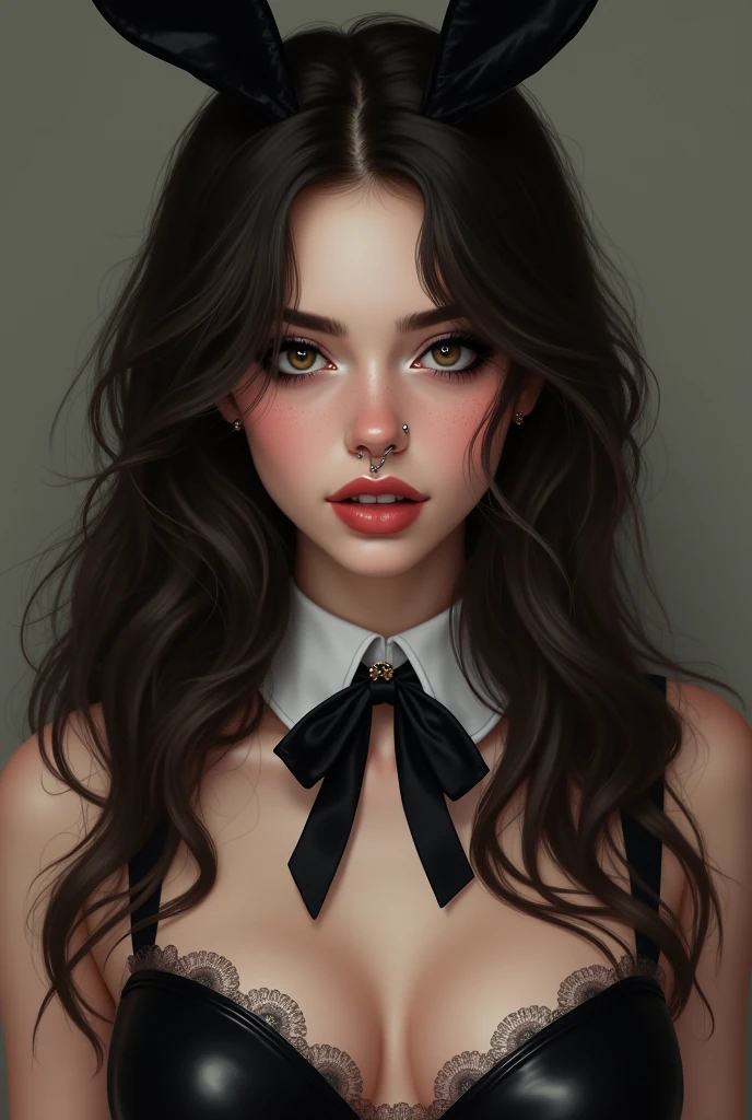 Create an image of a young woman with a soft and playful expression. She has long, wavy dark brown hair that cascades over her shoulders. Her skin is fair, with a few faint freckles across her cheeks and nose. She has dark, dramatic eye makeup with thick eyeliner and elongated lashes, giving her a striking look. Her lips are slightly parted, with her teeth gently biting her lower lip in a coy manner. She has a septum piercing that adds to her edgy yet charming style. The woman is dressed in a black bunny costume, featuring large, black bunny ears on her head, a white collar with a black bow tie around her neck, and a low-cut, strapless outfit. Her overall vibe is a mix of cute and seductive, with a playful yet mysterious aura.