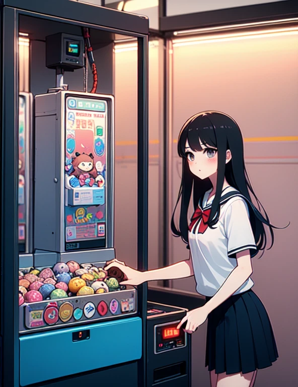 (((masterpiece))), (((Highest quality))), ((Claw Machine)), Place your hand on the bottom panel, Operate the long joystick、Press the button, Use the clamp to lift the toy, One person, Komi Shoko, shy, blush, school uniform, Claw Machine, Rear View,