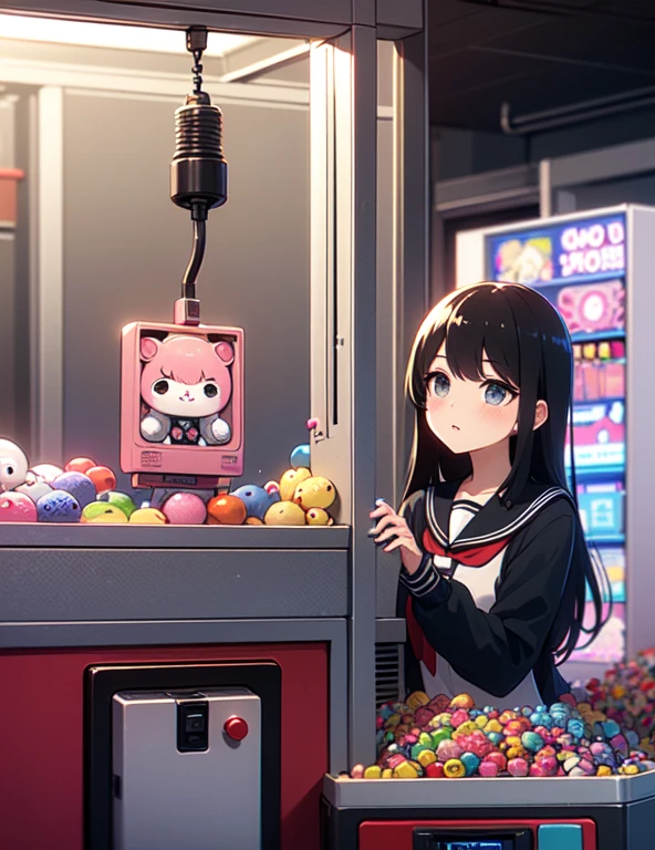 (((masterpiece))), (((Highest quality))), ((Claw Machine)), Place your hand on the bottom panel, Operate the long joystick、Press the button, Use the clamp to lift the toy, One person, Komi Shoko, shy, blush, school uniform, Claw Machine, Rear View,