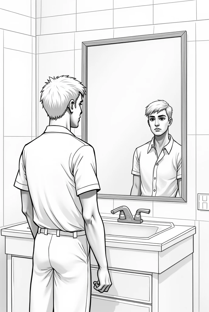 Create a lineart illustration Scenario: Show Marine standing in front of a mirror in the bathroom, with an expression of confusion and introspection. The mirror may reflect an image that does not quite match reality, suggesting the feelings of alienation and doubt that Marine is experiencing. The bathroom should appear simple, but the mirror may be slightly distorted to emphasize Marine's emotional state.