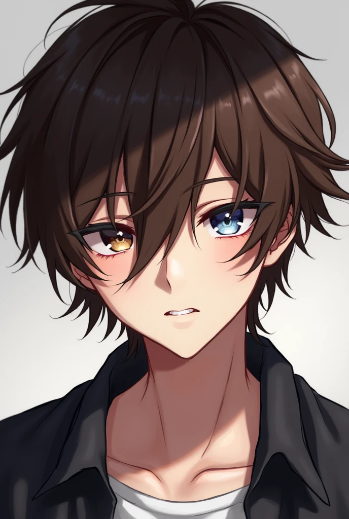 Male, brown short hair, messy bangs covering his left eye, blue and brown eyes, anime 
